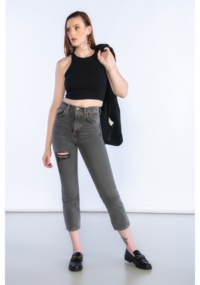 Kirli Mavi Yüksek Bel Lazer Detaylı Mom Jeans - Kirli Mavi