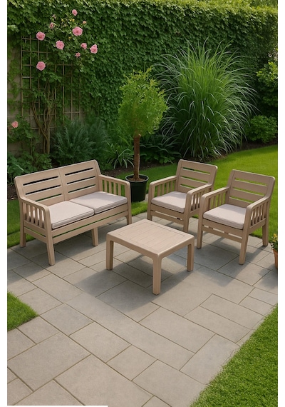 Lara 2+1+1 S Bahçe Balkon Teras Oturma Grubu Minderli - Cappucino