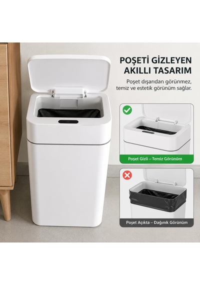 18 Litre Sensörlü Çöp Kovası, Otomatik Temassız Akıllı Çöp Kutusu, Sessiz Kapanan Kapaklı, 2 Aa Pille Çalı