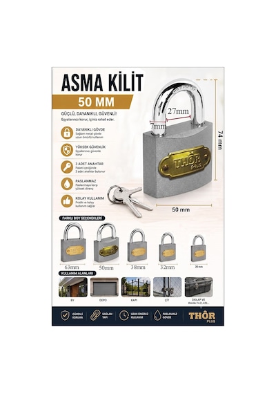 Orta Boy Asma Kilit 50 Mm 1 Adet Thor Plus Paslanmaz Metal Asma Kilit Dayanıklı Yedek Anahtarlı Zincir Kilidi Kapı Bahçe