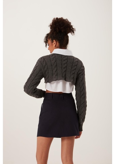 Quhox Kadın Triko Crop Sweatshirt Antrasit