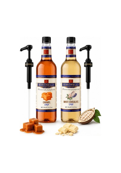 Simonelli Karamel & Beyaz Çikolata Aromalı Gurme Kahve ve Kokteyl Şurubu Seti 2 x 700 ML + Pompa