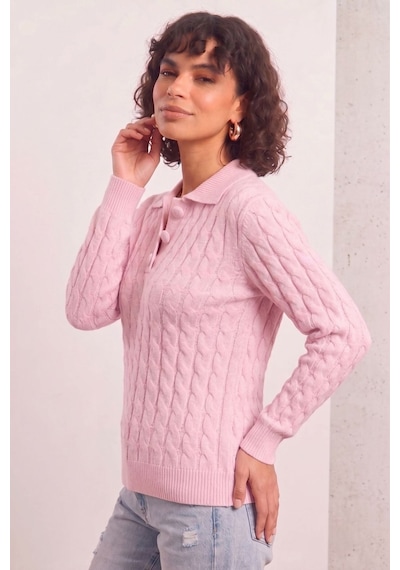 Soft&basic Kadın Düğmeli Triko Kazak Yumuşak Dokulu Saç Örgü Rahat Kalıp Pembe