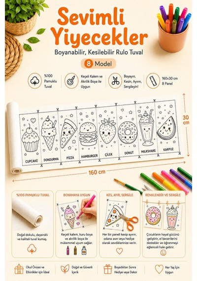 Boyanabilir Kesilebilir Rulo Tuval Sevimli Yiyecekler 8 Model Boyama Seti 160x30 Cm