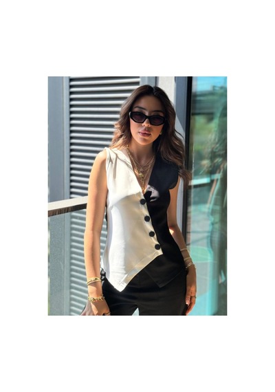 Butik İstanbul Kadın Sıfır Kol V Yakalı Düğmeli Blok Renkli Atlas Yelek Siyah