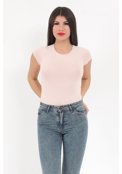 Giysa Kadın Pudra Bisiklet Yaka Kısa Kollu Esnek Çıtçıtlı Body Zıbın - 2419 Pudra
