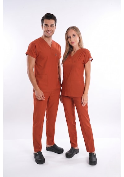 Unisex Kiremit Soft Likra Hemşire Doktor Cerrahi Nöbet Üniforma Takım Kiremit Kiremit
