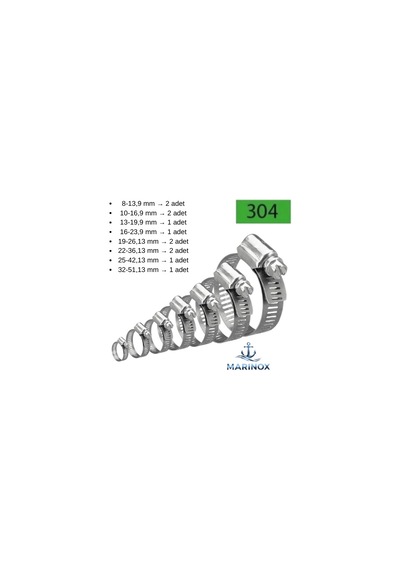 Paslanmaz Hortum Kelepçesi - Karışık Marine Set 12 Parça 8-51 Mm