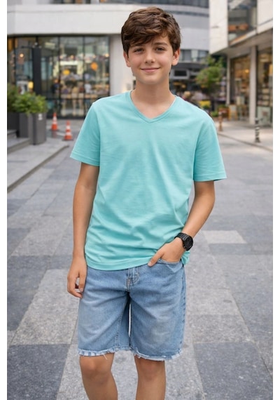 Wear Vexel Genç Erkek Çocuk V Yaka Tişört Model - Turkuvaz Çok Renkli