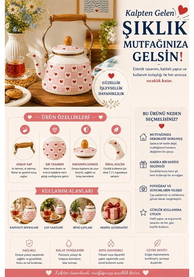 Ahşap Saplı Kampli Emaye Demlik Kettle 2,5 Lt Pembe Alv037