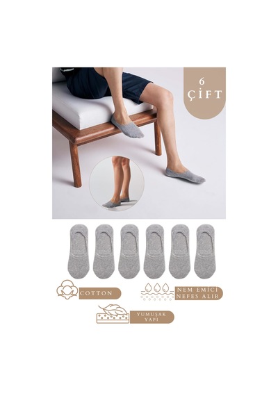 Kral Socks Unisex Düz Desenli 6 Çift Pamuklu Terletmez Babet Çorap Gri