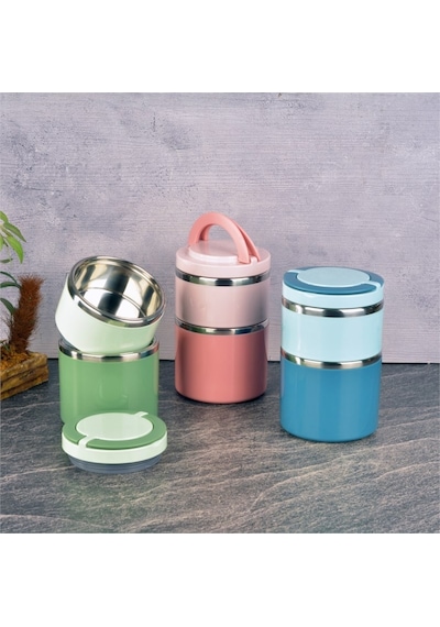 Tohana Kulplu Çelik Sefer Tası - Yemek Termosu Saklama Kabı 2 Katlı Yeşil 930 Ml. Yeşil