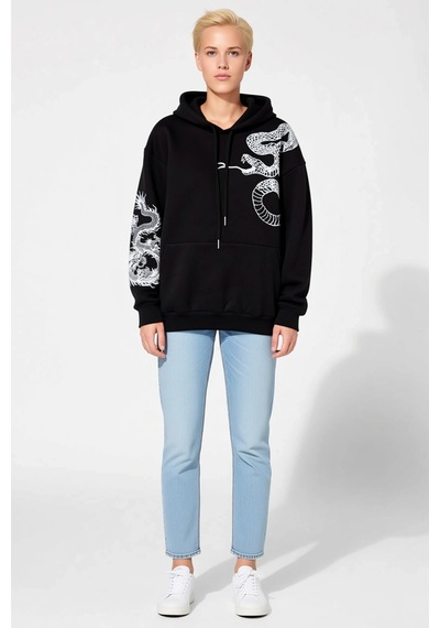 Ersefa Kadın Uzun Kol Kapşonlu Sweatshirt Sol Kolu Ejderha Omzu Yılan Ba siyah