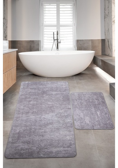 Nova Gri Büyük Ebat 80x150 + 50x80 Cm 2'li Banyo Halısı Paspası Gri