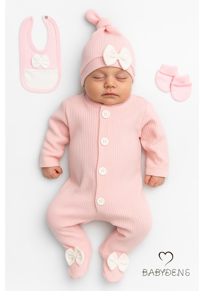 Babyden's 4 'lü Kız Bebek Fitilli Yenidoğan Bebek Tulum Seti %100 Pamuklu Hastane Çıkışı Açık Pembe