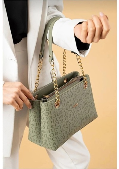 Just Polo Orijinal Kadın 3 Bölmeli Zincir Detaylı Ayarlanabilir Askılı Lüks El & Omuz Çantası Shoulder Bag Yeşil