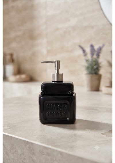 Seramik Süngerlikli Siyah Sıvı Sabunluk Ve Deterjanlık - Mutfak Banyo Tezgah Üstü Düzenleyici - 500 Ml - 17 X 10.5 X 10.5