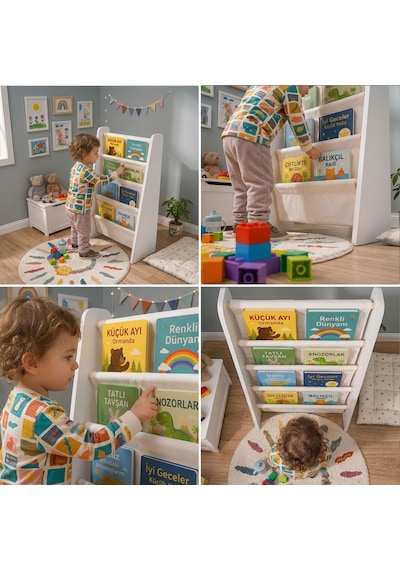 Montessori Çocuk Kitaplığı - Büyük Boy Ahşap Kitap Rafı - Yıkanabilir Paraşüt Kumaş Raflı - Çocuk Odası Kitap Düzenleyici Beyaz
