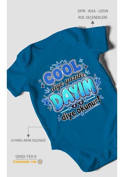 Morivokids Cool Diye Yazılır Dayım Diye Okunur Kısa Kollu Bebek Body %100 Pamuk Koyu Mavi