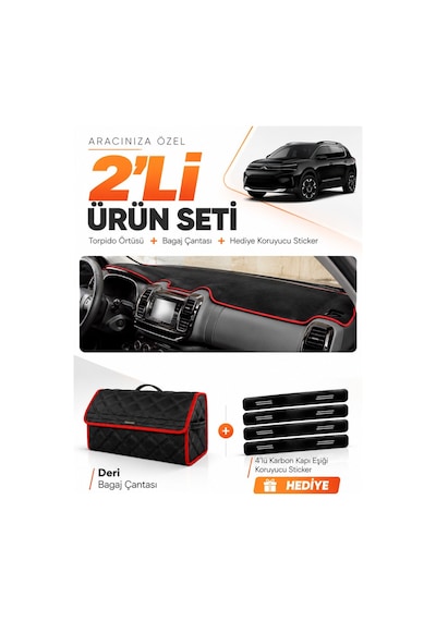 E-biz Cıtroen C5 Aircross 2018-2026 Uyumlu Torpido Örtüsü + Deri Çanta - Siyah-kırmızı - Cı014