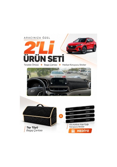 Hyundai Tucson 2018-2021 Uyumlu Torpido Örtüsü + Tay Tüyü Bagaj Çantası + Sticker Seti - Siyah Bej