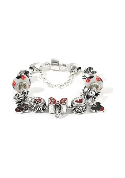 Yeni Tarz ,disney Mickey Minnie Mouse Temalı , Sevgi Charmlı Bileklik, Ahşap Kutu İçerisinde Gümüş Gümüş