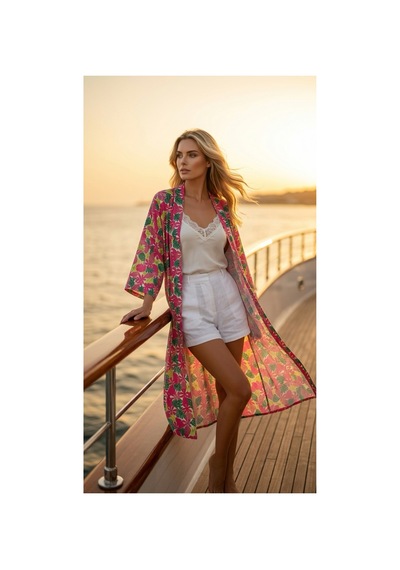 Lila Mare Viskon Kumaşlı Handmade Beachwear & Homewear Kimono Renkli Renkli