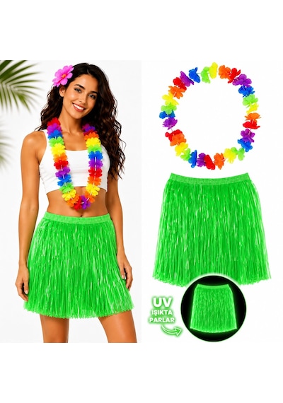 Neon Yeşil Hawaii Etek 40 Cm Ve Rengarenk Hawaii Kolye 5286