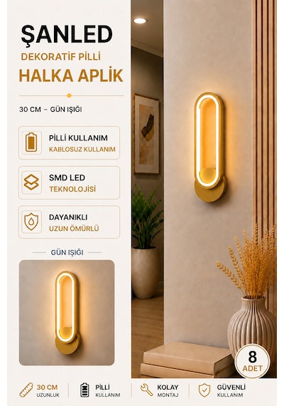 Dekoratif 20w Halka Modeli İç Mekan Gold Kasa Gün Işığı 30 Cm Duvar Aplik Pilli 8 Adet