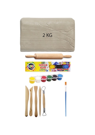 Seramik Hamuru 2 Kg Ebeşuar 6x15 Ml Akrilik Boya Merdane Kil Seti