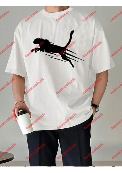 Startmore Unisex Jaguar Baskılı Tshirt Beyaz Beyaz
