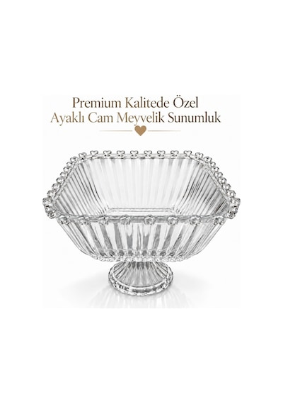 Premium Kalp Detaylı Ayaklı Cam Meyvelik 19,5 Cm Dekoratif Sunumluk Salata Kuruyemiş Çerez Servis Kasesi