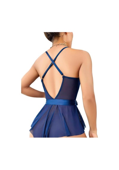 Lisinya Mavi Dantel İşlemeli Kurdelalı Tül Babydoll Mavi