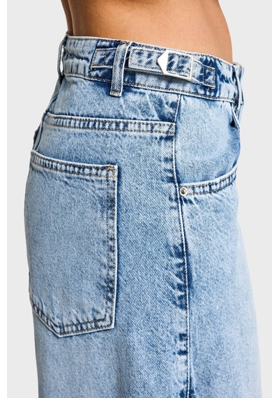it's basic Kadın Kot Rengi 4s6-3 Baggy Palazzo Fit Kemer Detaylı %100 Koton Denim Jean Mavi
