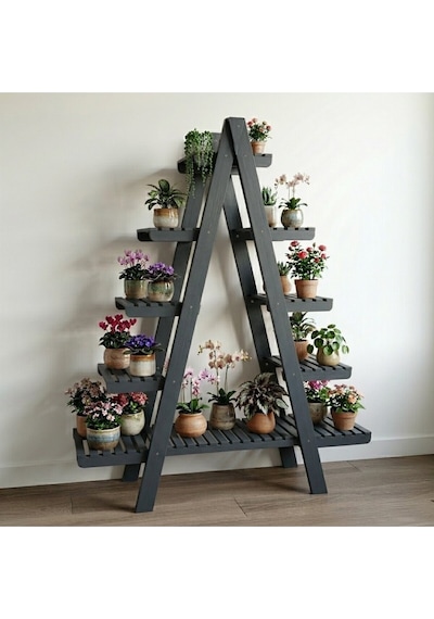 Wooddecor 5 Katlı Ahşap Merdiven Çiçeklik - 120x100 Cm Geniş Raf Standı Gri