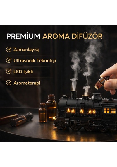 Premium Tren Tasarımlı Ultrasonik Aroma Difüzör Led Işıklı, Zamanlayıcılı, Hava Nemlendirici