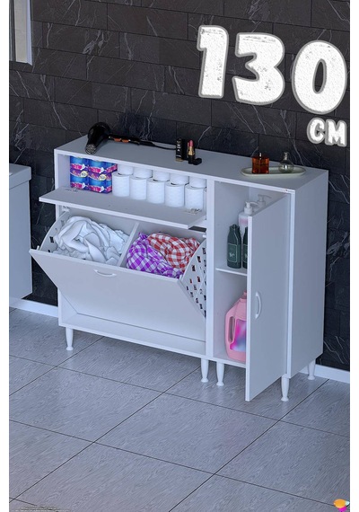 Sena 130 Cm Geniş Kullanım Alanlı Çift Sepetli Banyo Ve Kiler Dolabı Beyaz 85+45 X97x32 Cm