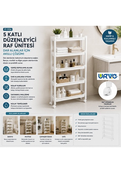 Urve Ur-3588 Rafty 5 Katlı Tekerlekli Sepet Organizer Raf Ünitesi 465x145x850 Mm Diğer