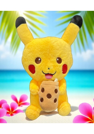 İthal Özel Dokulu Kumaş Pokemon Go Tatilci Pikachu Figür Peluş Oyuncak Uyku & Oyun Arkadaşı 32 Cm. Sarı