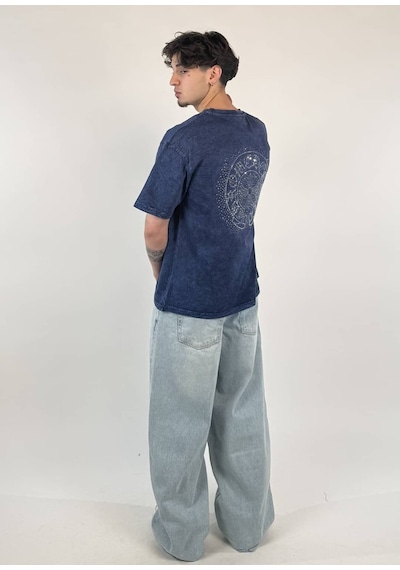 Zaee Vintage Washed Taşlı Oversize T-shirt Lacivert