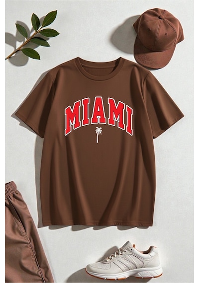Uyguntarz Unisex Miami Baskılı Tasarım Tshirt Kahverengi