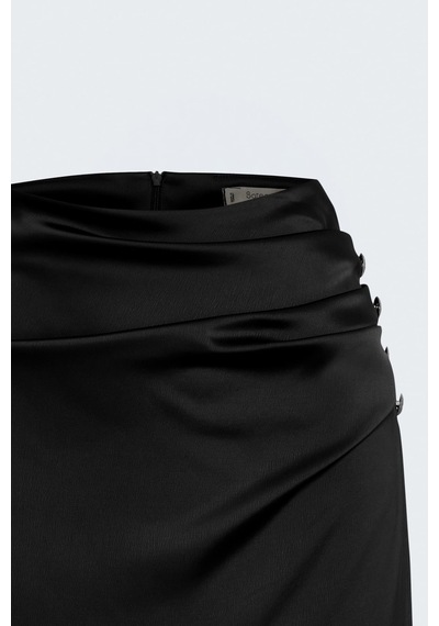 Sateen Düğme Detaylı Saten Etek - Siyah-138054