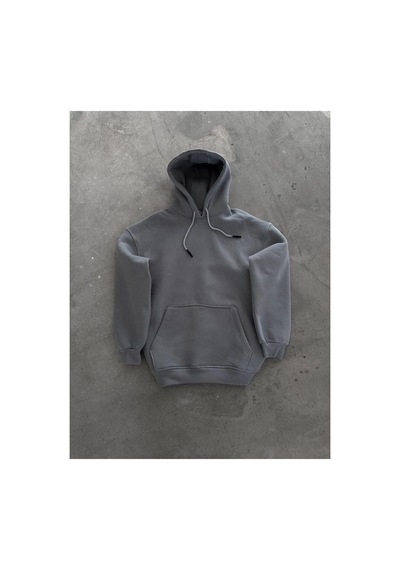 Kadın Kapüşonlu Kanguru Cepli 3 İplik Pamuklu Oversize Hoodie Sweatshirt - Boyalı Gri