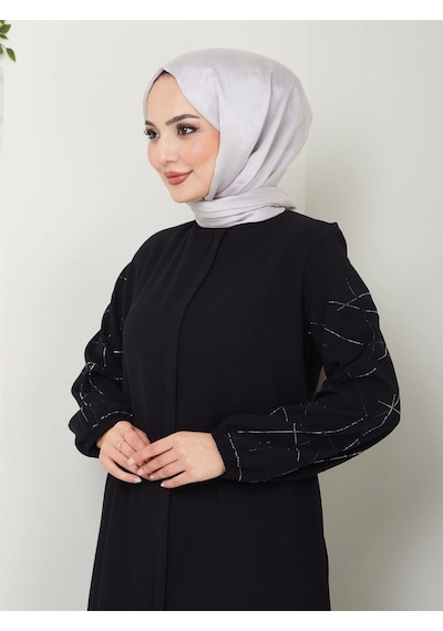 Kol Taş Detaylı Ferace Siyah