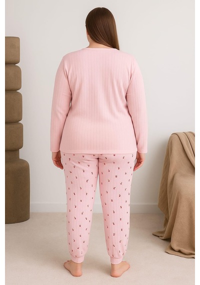 Pemilo Kadın Büyük Beden Raporlu 0249 Pijama Takımı Pembe Pembe