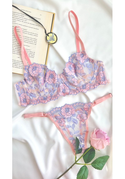 Arinda Romantic Zarif Çiçek Desenli İşlemeli Balenli Kapsız Bralette Sütyen Tanga Alt Üst İç Çamaşırı Takımı 2 Parça Somon