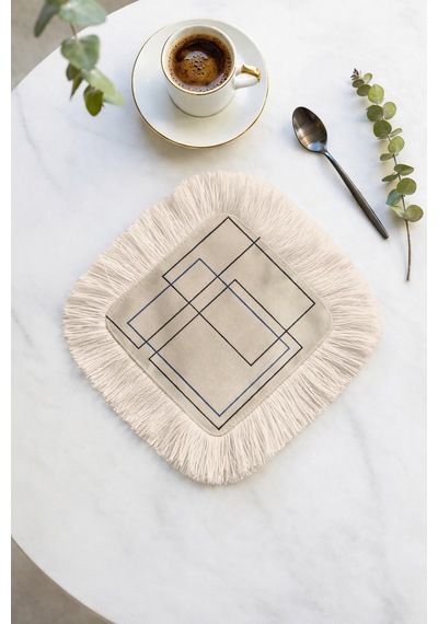 Geometrik Modern Saçaklı Sunum Peçetesi - Minimal Çizgiler Modern Bej Mavi Kahve Yanı Sunum Mendili Çok Renkli