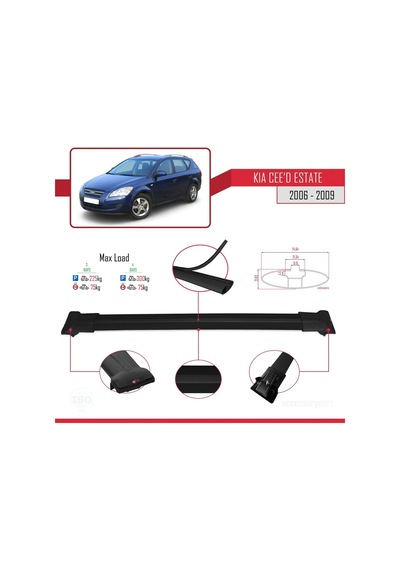 Kia Ceed Estate Sw 2006-2009 Arası İle Uyumlu Fly Model Ara Atkı Tavan Barı Siyah 3 Adet Bar