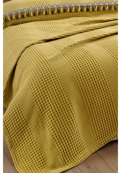 3 Parça Tek Kişilik Püskül Dantelli Pike Takımı - Havuzlu Pike Seti - 160x220 Cm - Hardal