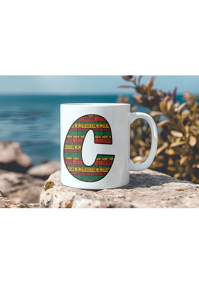 C Harfi Etnik Desenli Kupa - Afrika Tarzı Kahve Çay Kupası - Hediyelik - Black History Beyaz